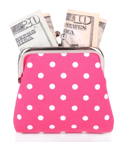 白で隔離されるのお金でピンクの財布 — ストック写真