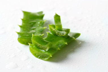 Aloe yaprakları damla, üzerinde beyaz izole