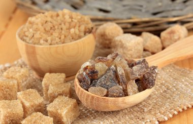 Different types of sugar on table close-up