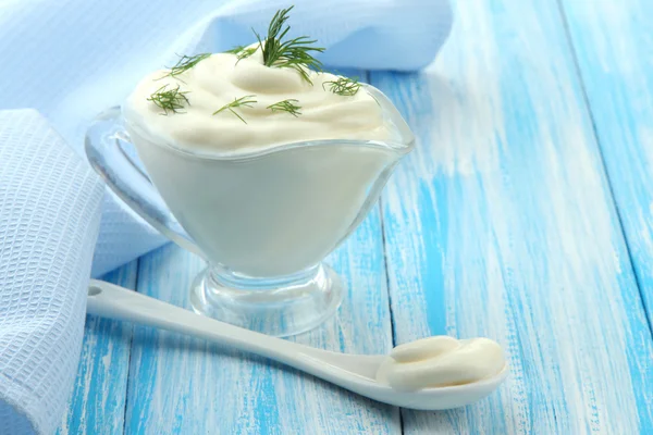 Sour cream on table close-up — Stock Photo, Image