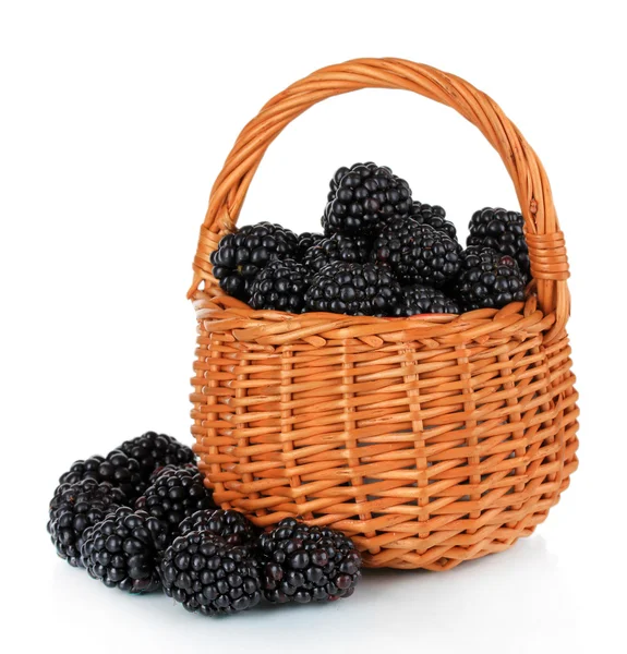Sweet blackberries in wicker basket isolate on white — Stock Photo, Image