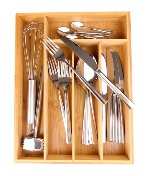 Wooden cutlery box with checked cutlery isolated on white — Stock Photo, Image