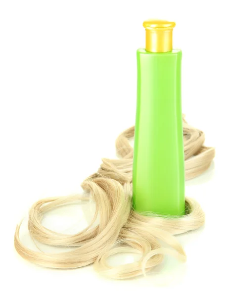 Kıvırcık sarı saçlı beyaz izole şampuan yakın çekim ile — Stok fotoğraf