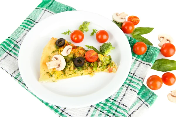 Slice of tasty vegetarian pizza and vegetables on plate, isolated on white — Stock Photo, Image