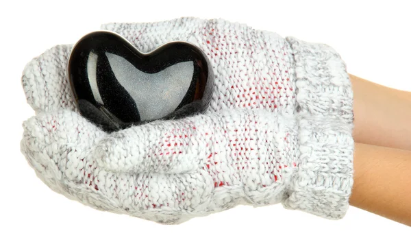 Female hands in mittens with heart, close-up — Stock Photo, Image