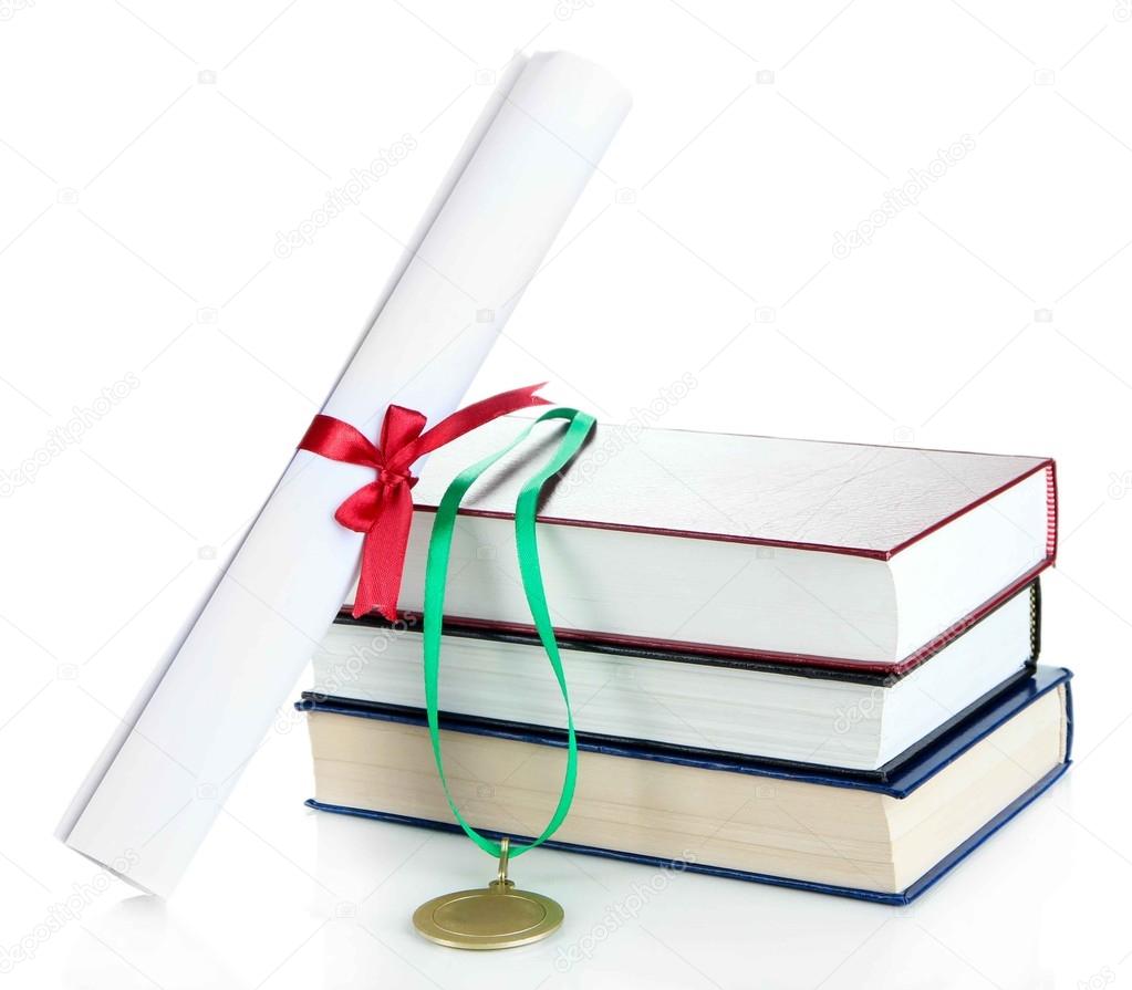 Medal for achievement in education with diploma and books isolated on white