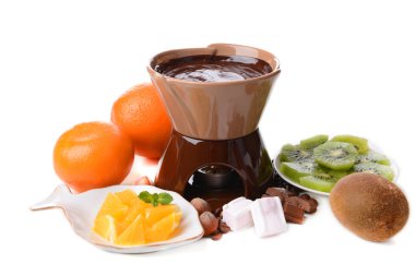 lokum şekerleme ve üzerinde beyaz izole meyve, çikolata fondü