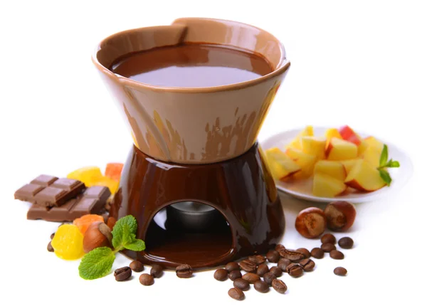 Fondue de chocolate com frutas, isolado em branco — Fotografia de Stock