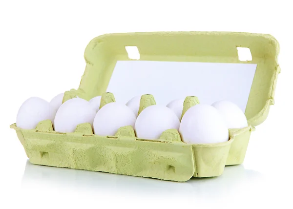Eieren in papieren dienblad geïsoleerd op wit — Stockfoto