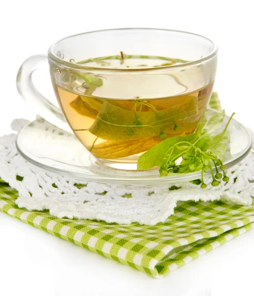 Γυαλί φλιτζάνι τσάι με linden απομονωθεί σε λευκό — Φωτογραφία Αρχείου