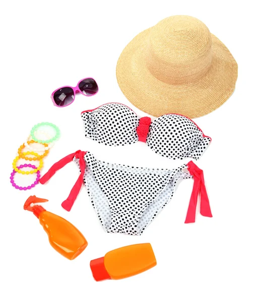 Swimsuit and beach items isolated on white — Stock Photo, Image