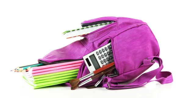 Fioletowy plecak przyborów szkolnych — Zdjęcie stockowe