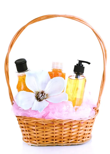 Gift basket with cosmetics isolated on white — Stock Photo, Image