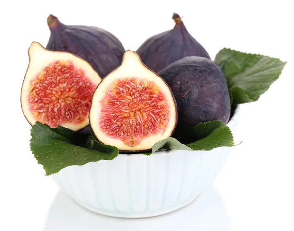 Ripe figs in bowl isolated on white — Stock Photo, Image