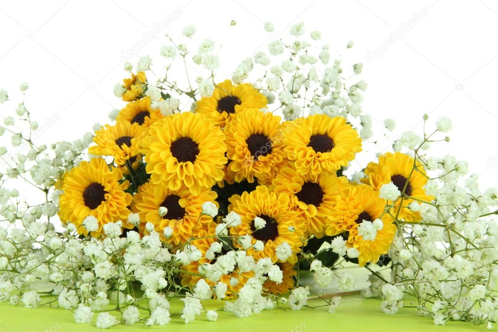 Beautiful flowers on table on white background