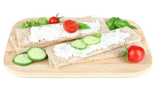 Tasty crispbreads with vegetables, isolated on white — Stock Photo, Image
