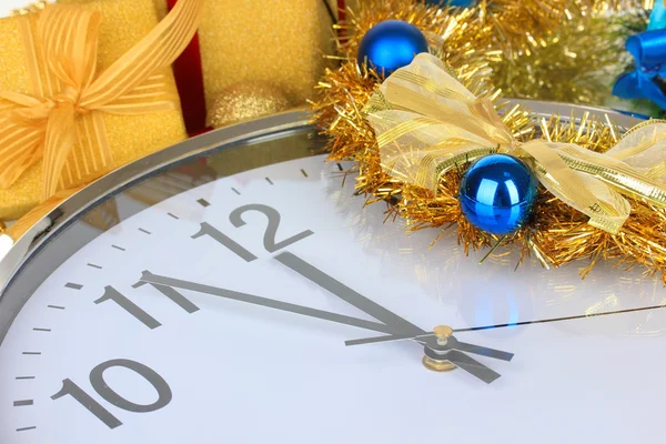 Composition of clock and christmas decorations close-up — Stock Photo, Image