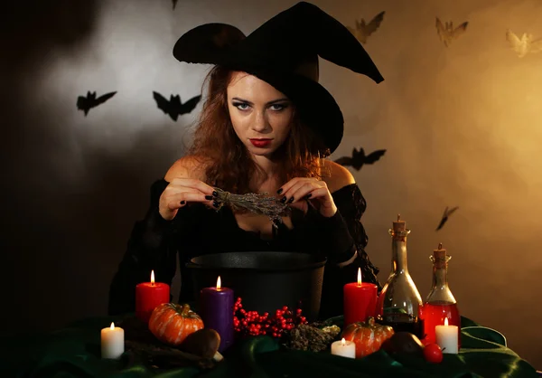 Strega di Halloween su sfondo scuro — Foto Stock