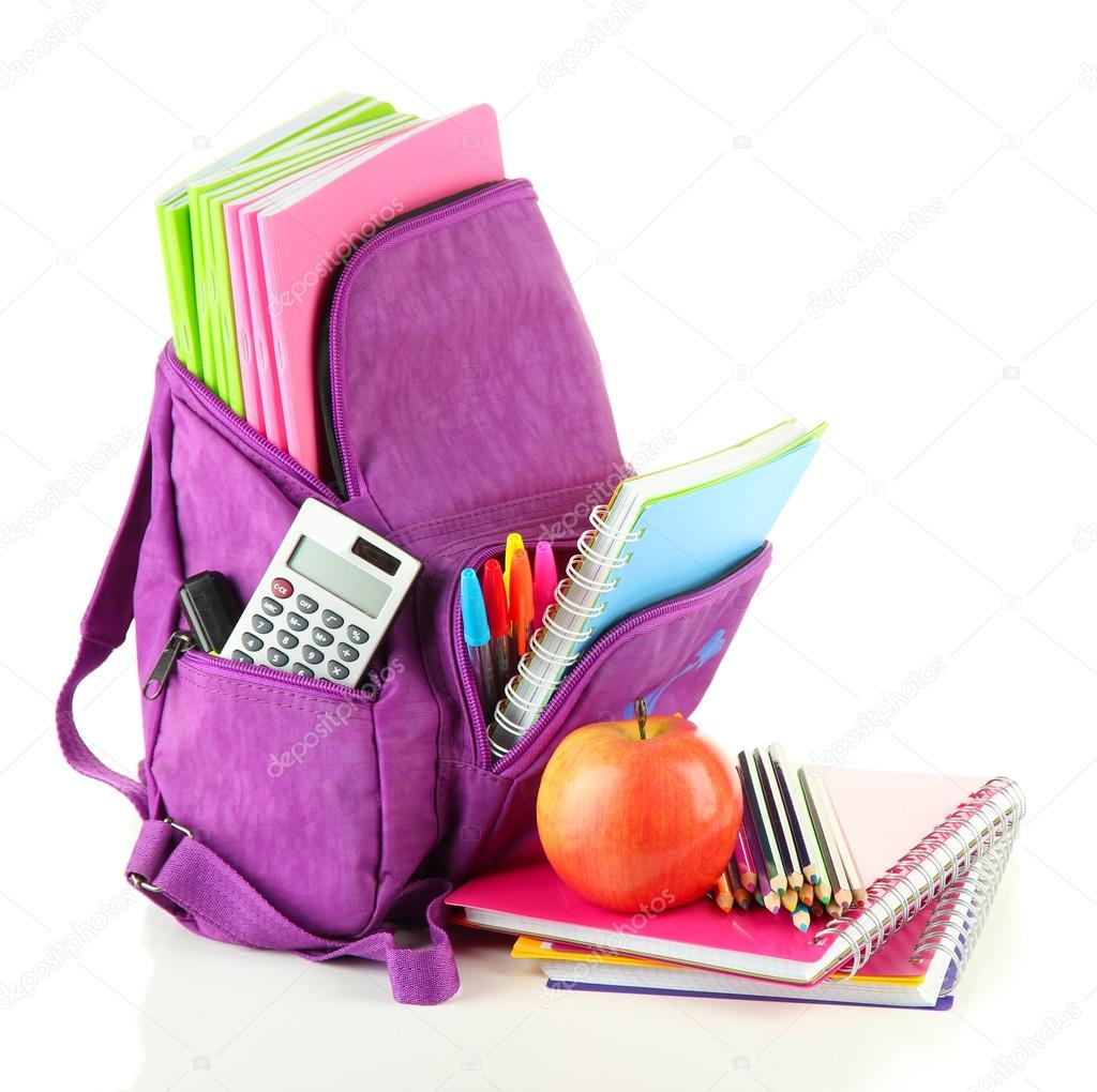 Purple backpack with school supplies isolated on white