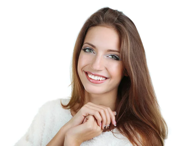 Menina sorridente bonita isolado no branco — Fotografia de Stock