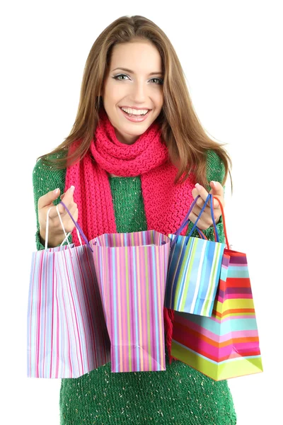 Belle fille souriante avec des sacs-cadeaux — Photo