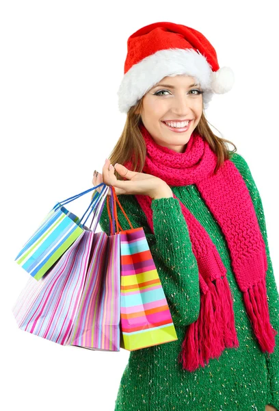 Hermosa chica sonriente con bolsas de regalo — Foto de Stock