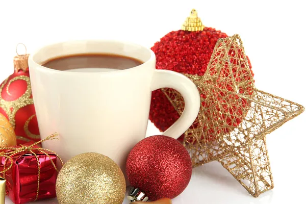 Cup of hot cacao with Christmas decorations isolated on white — Stock Photo, Image