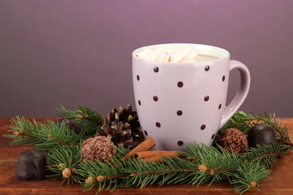 Cup of hot cacao with chocolates and fir branches on table on dark background