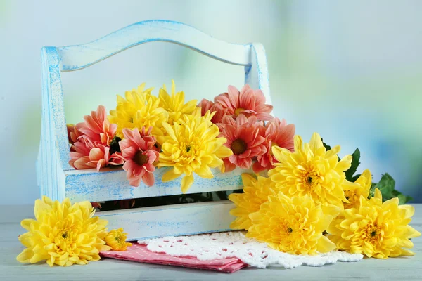 Beautiful flowers in basket, on light background — Stock Photo, Image