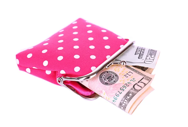 用钱上白色孤立的粉红色钱包 — 图库照片