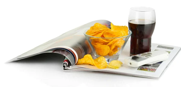 Chips in bowl, cola and TV remote isolated on white — Stock Photo, Image