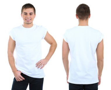 genç adam önünde ve arkasında izole üzerinde beyaz t-shirt