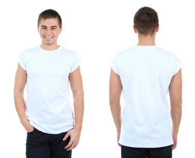 genç adam önünde ve arkasında izole üzerinde beyaz t-shirt