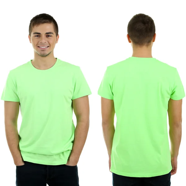 T-shirt op jonge man vooraan en achter geïsoleerd op wit — Stockfoto