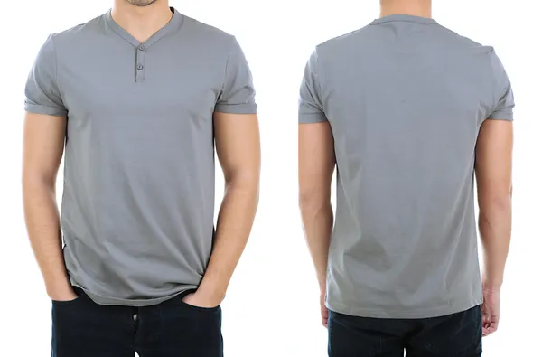 T-Shirt auf jungen Mann vorne und hinten isoliert auf weiß — Stockfoto