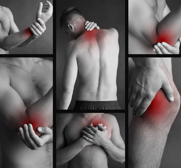 コラージュの男の体のいくつかの部分に痛みを持っていることを表す — ストック写真