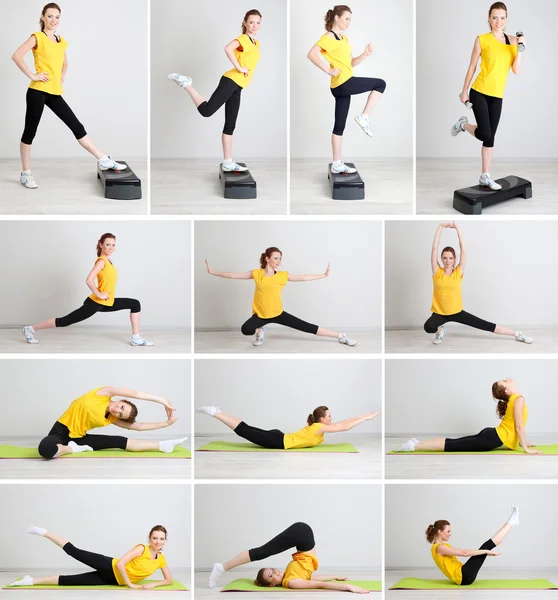 Collage de diferentes ejercicios de fitness — Foto de Stock