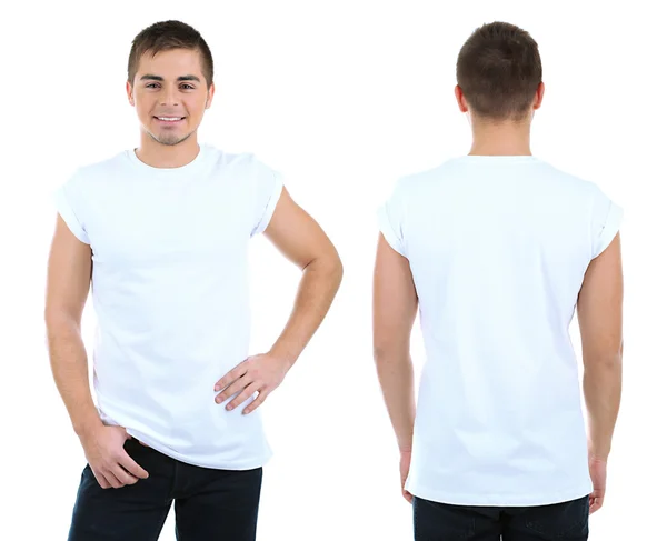 T-shirt på ung man framför och bakom isolerade på vit Stockfoto