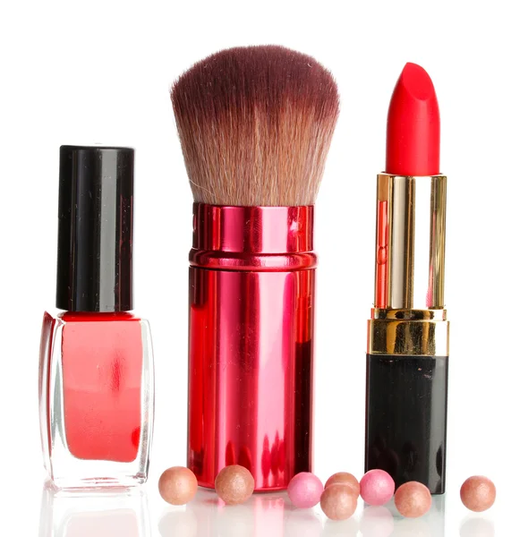 Vackra röda läppstift, nagellack och borste isolerad på vit — Stockfoto
