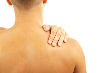boyun ağrısı, üzerinde beyaz izole genç adamla
