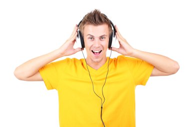 yakışıklı genç adam beyaz izole müzik dinlemek