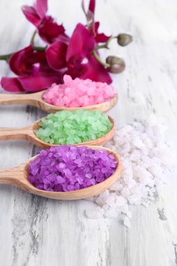 güzel çiçek ile natürmort orkide çiçek ve renk ahşap zemin üzerinde deniz tuzu ile tahta kaşıklar