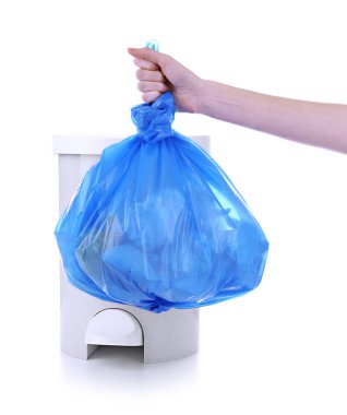 çöp torbası, üzerinde beyaz izole tutmak el