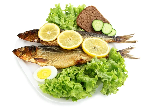 Pescado ahumado en plato aislado en blanco —  Fotos de Stock