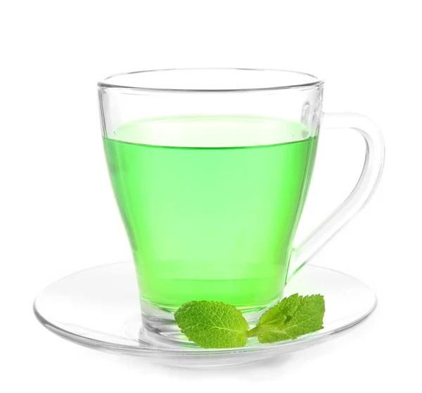 Transparent cup of green tea with mint isolated on white — Stock Photo, Image