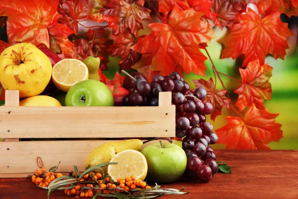 Διάφορα φρούτα με κουτί και υποκατάστημα Ιπποφαές στο τραπέζι σε φωτεινό φόντο — Φωτογραφία Αρχείου