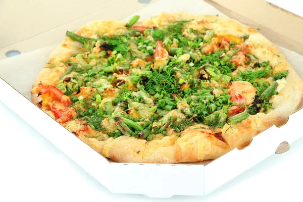 Ízletes vegetáriánus pizza doboz, közelről — Stok fotoğraf