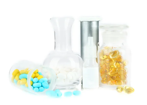 Medical bottles and pills isolated on white — Stock Photo, Image