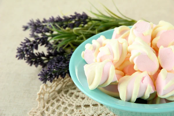 Marshmallows on color plate on light background — Stock Photo, Image