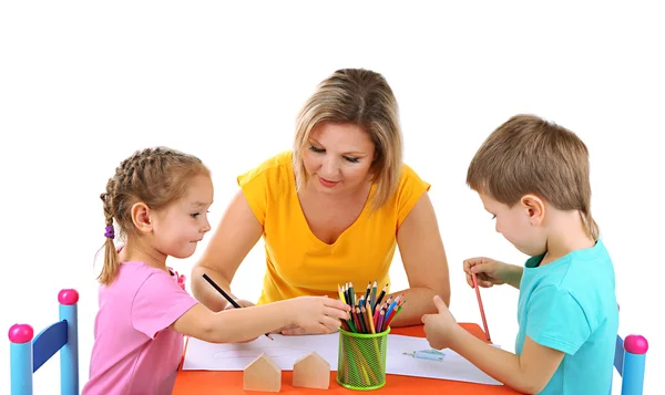 Little children drawing with mom — Stock Photo, Image